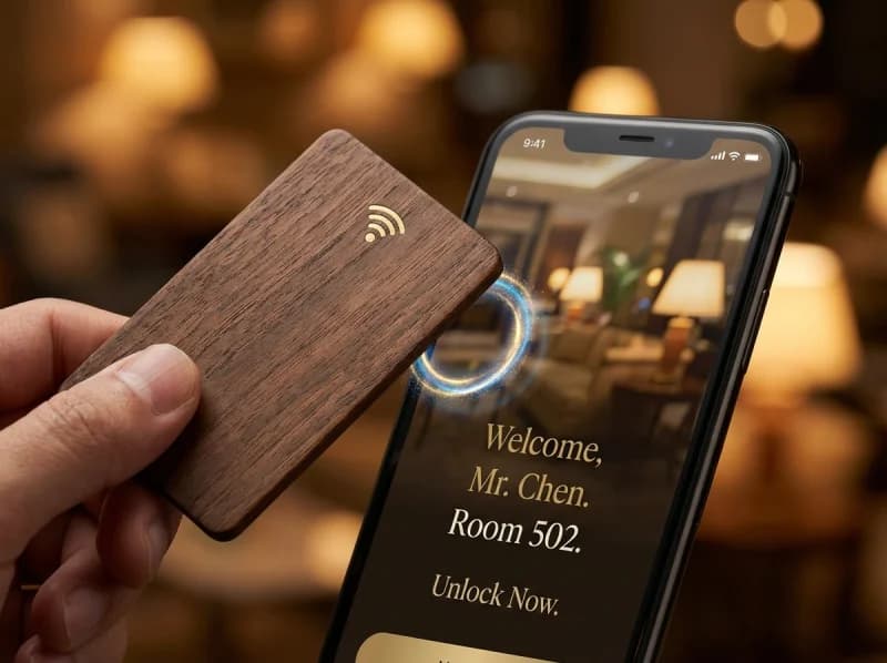 NFC hotel key card being tapped on a smartphone, showing the guest experience interface
